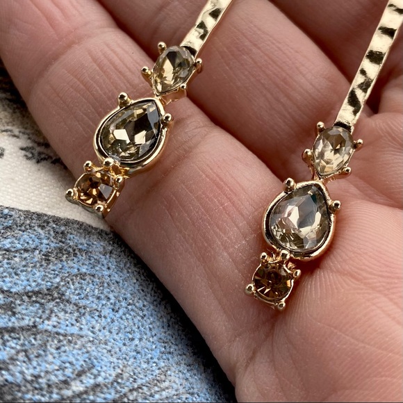 Anthropologie Gold Plated Tan Honey Teardrop Crystal Long Bar Earrings - Picture 2 of 8